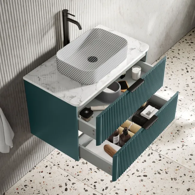 Cadiz Fluted Mystic Green Wall Hung Drawer Vanity with Marble Top 800mm (Excludes Basin) - Black Accents