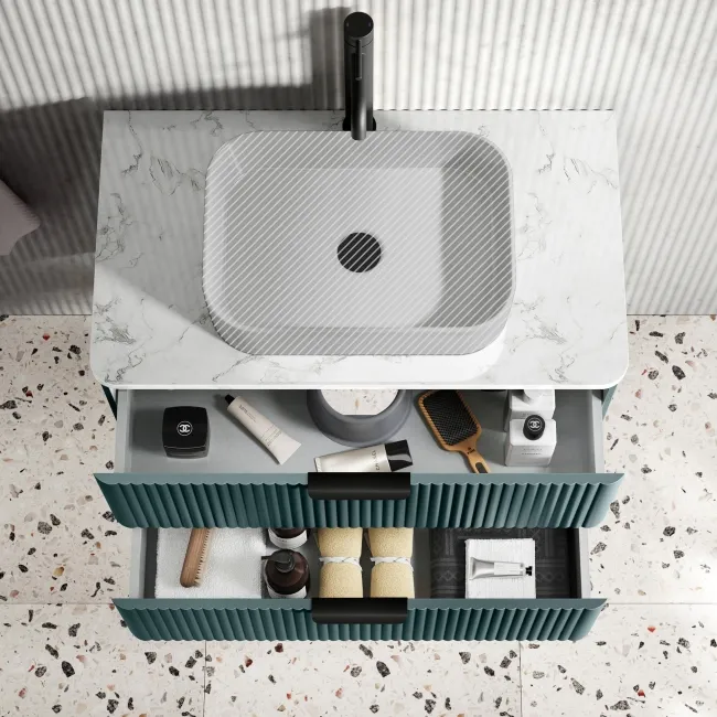 Cadiz Fluted Mystic Green Wall Hung Drawer Vanity with Marble Top 800mm (Excludes Basin) - Black Accents