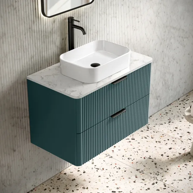 Cadiz Fluted Mystic Green Wall Hung Drawer Vanity with Marble Top & Marin Basin 800mm - Black Accents