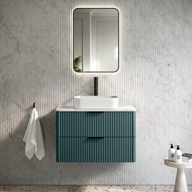 Cadiz Fluted Mystic Green Wall Hung Drawer Vanity with Marble Top & Marin Basin 800mm - Black Accents