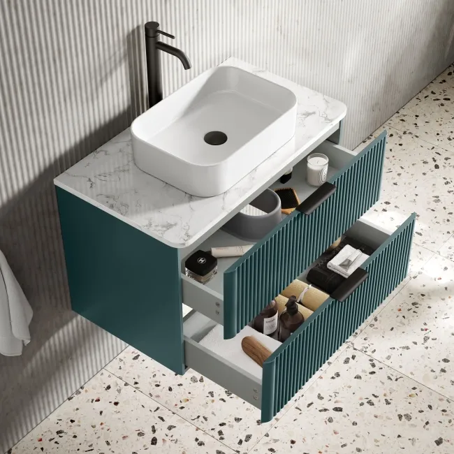 Cadiz Fluted Mystic Green Wall Hung Drawer Vanity with Marble Top & Marin Basin 800mm - Black Accents