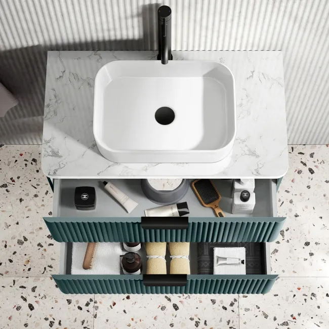 Cadiz Fluted Mystic Green Wall Hung Drawer Vanity with Marble Top & Marin Basin 800mm - Black Accents