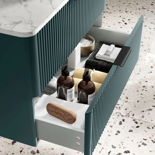 Cadiz Fluted Mystic Green Wall Hung Drawer Vanity with Marble Top & Marin Basin 800mm - Black Accents