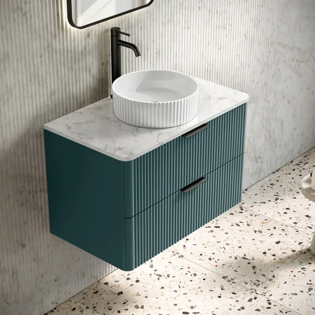 Cadiz Fluted Mystic Green Wall Hung Drawer Vanity with Marble Top & Nevis Basin 800mm - Black Accents