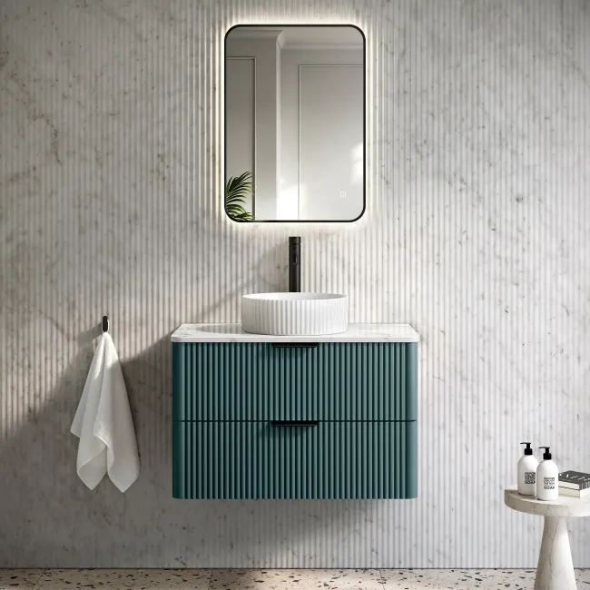 Cadiz Fluted Mystic Green Wall Hung Drawer Vanity with Marble Top & Nevis Basin 800mm - Black Accents
