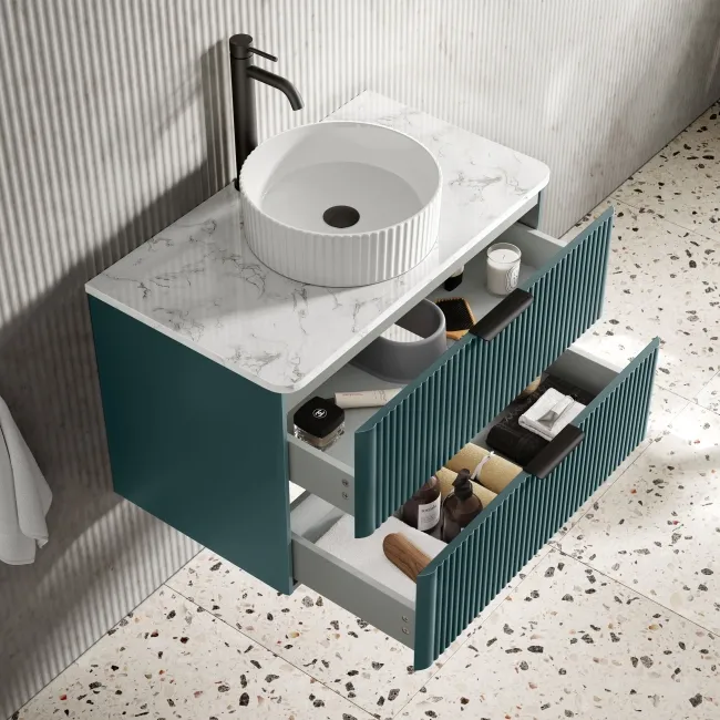 Cadiz Fluted Mystic Green Wall Hung Drawer Vanity with Marble Top & Nevis Basin 800mm - Black Accents