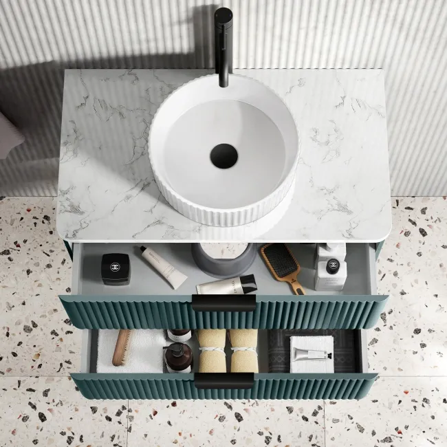Cadiz Fluted Mystic Green Wall Hung Drawer Vanity with Marble Top & Nevis Basin 800mm - Black Accents