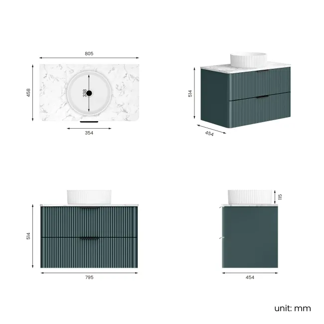 Cadiz Fluted Mystic Green Wall Hung Drawer Vanity with Marble Top & Nevis Basin 800mm - Black Accents