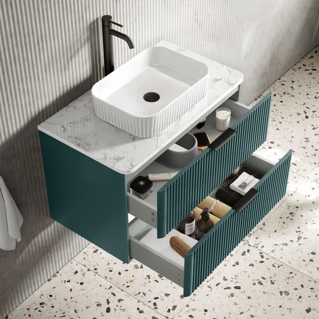 Cadiz Fluted Mystic Green Wall Hung Drawer Vanity with Marble Top & Reno Basin 800mm - Black Accents
