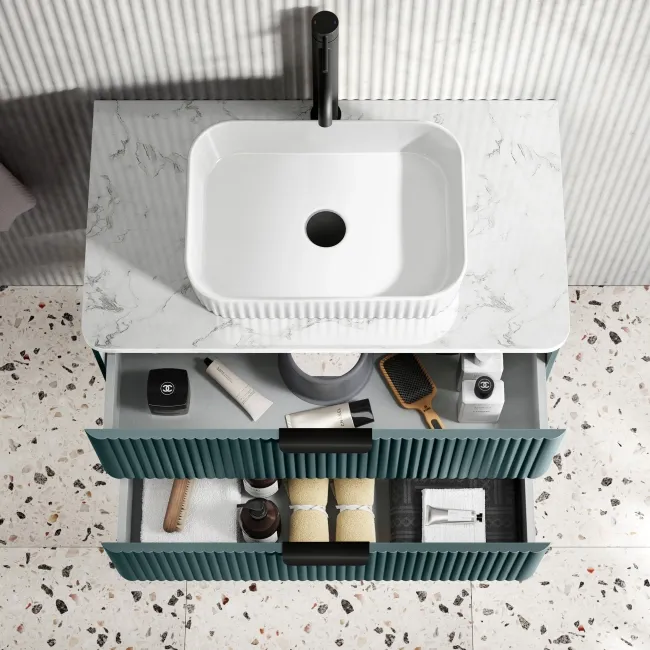 Cadiz Fluted Mystic Green Wall Hung Drawer Vanity with Marble Top & Reno Basin 800mm - Black Accents