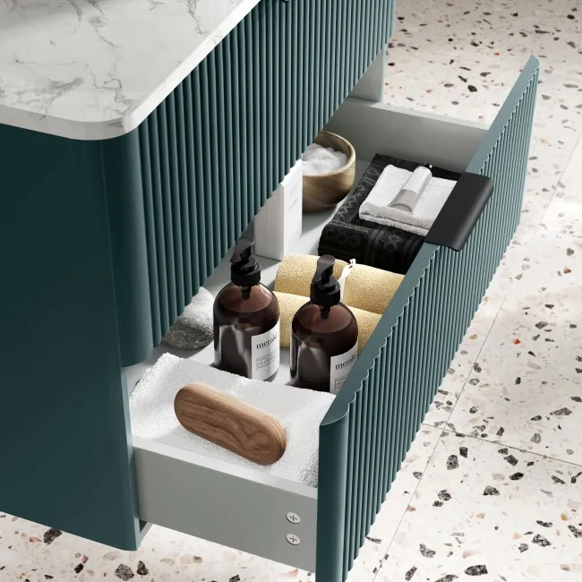 Cadiz Fluted Mystic Green Wall Hung Drawer Vanity with Marble Top & Reno Basin 800mm - Black Accents