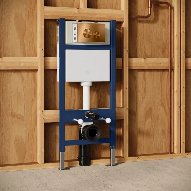 Idaho Pneumatic Wall Hung Toilet Frame and Concealed Cistern with Brushed Copper Flush Plate - Round Buttons