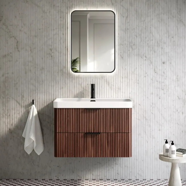 Cadiz Fluted Apex Walnut Wall Hung Basin Drawer Vanity 800mm - Black Accents