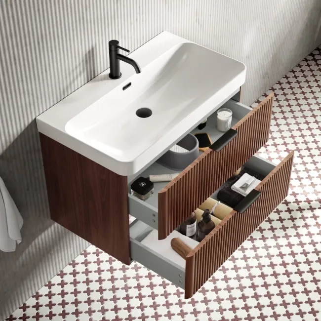 Cadiz Fluted Apex Walnut Wall Hung Basin Drawer Vanity 800mm - Black Accents