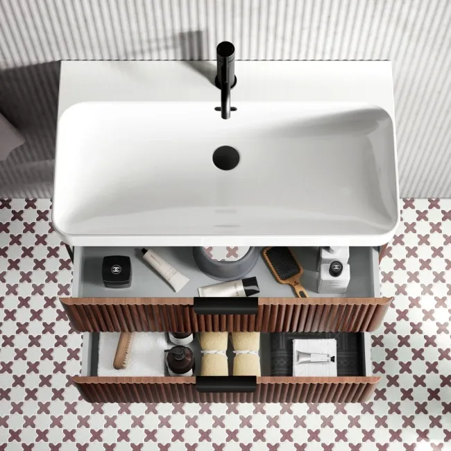 Cadiz Fluted Apex Walnut Wall Hung Basin Drawer Vanity 800mm - Black Accents