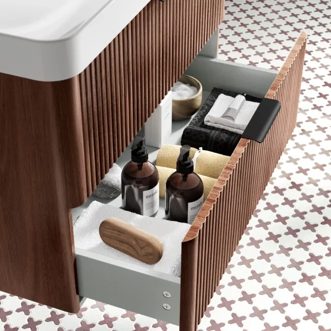 Cadiz Fluted Apex Walnut Wall Hung Basin Drawer Vanity 800mm - Black Accents
