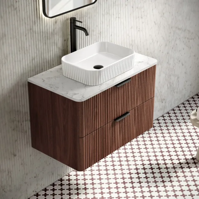 Cadiz Fluted Apex Walnut Wall Hung Drawer Vanity with Marble Top & Reno Basin 800mm - Black Accents