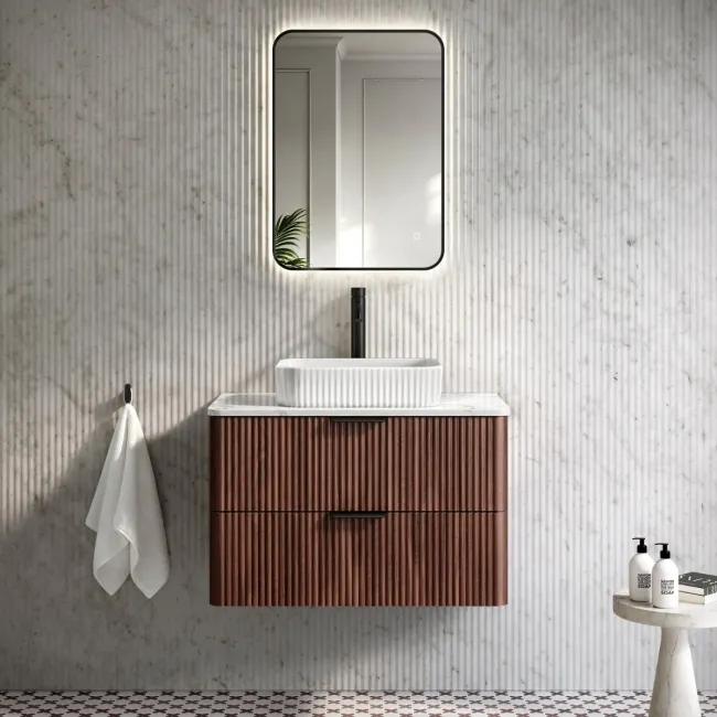Cadiz Fluted Apex Walnut Wall Hung Drawer Vanity with Marble Top & Reno Basin 800mm - Black Accents