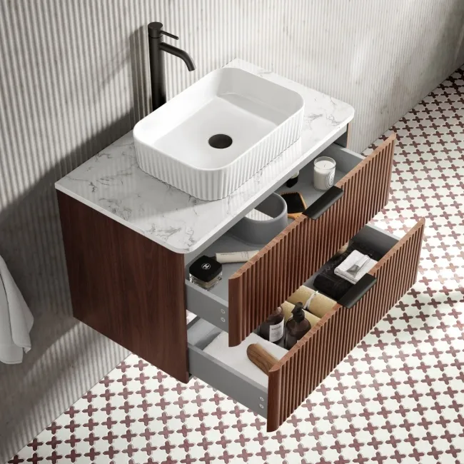 Cadiz Fluted Apex Walnut Wall Hung Drawer Vanity with Marble Top & Reno Basin 800mm - Black Accents