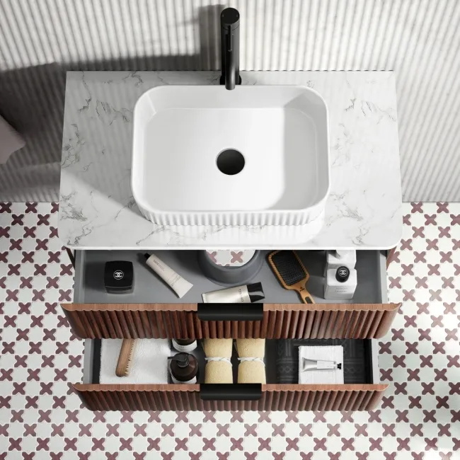 Cadiz Fluted Apex Walnut Wall Hung Drawer Vanity with Marble Top & Reno Basin 800mm - Black Accents
