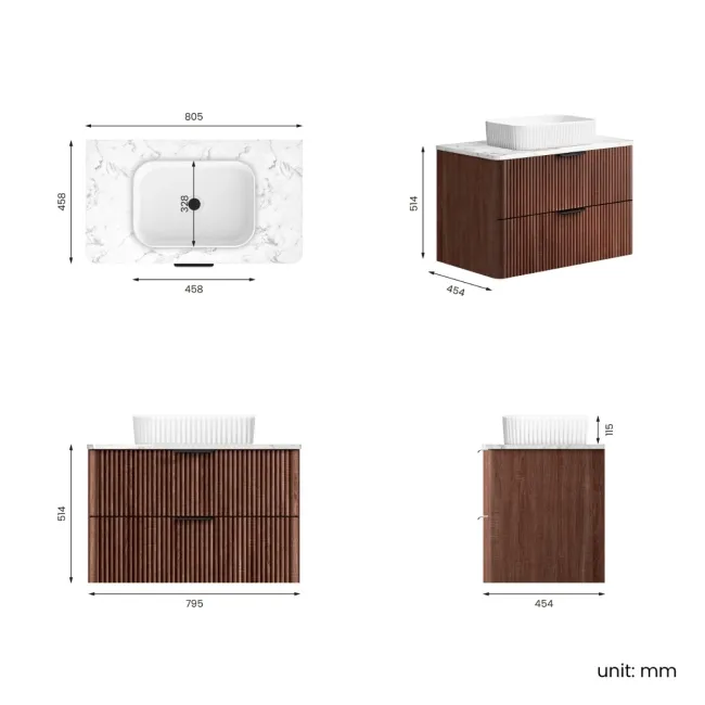 Cadiz Fluted Apex Walnut Wall Hung Drawer Vanity with Marble Top & Reno Basin 800mm - Black Accents