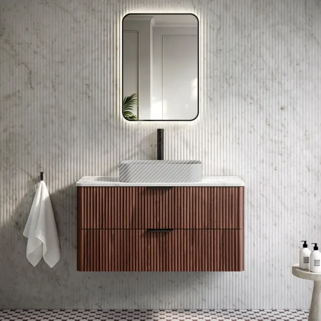 Cadiz Fluted Apex Walnut Wall Hung Drawer Vanity with Marble Top 1000mm (Excludes Basin) - Black Accents