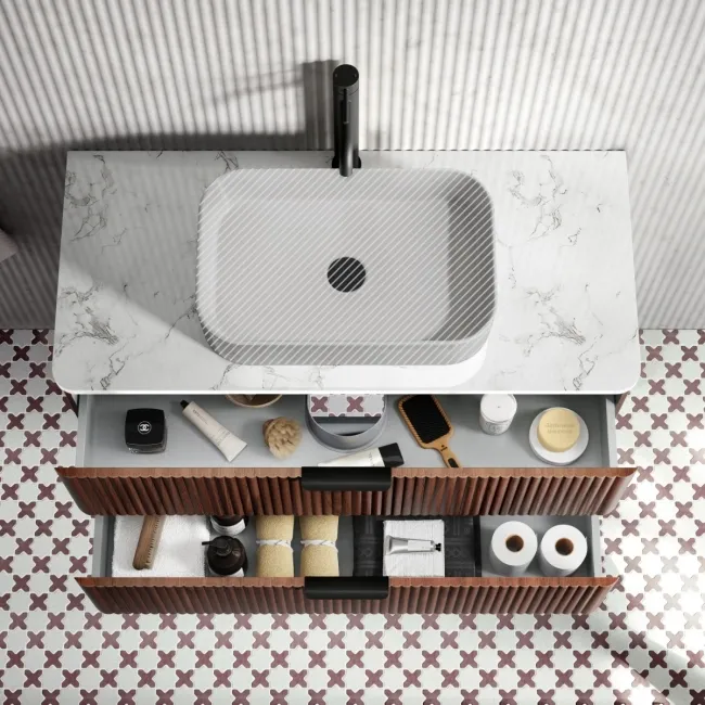 Cadiz Fluted Apex Walnut Wall Hung Drawer Vanity with Marble Top 1000mm (Excludes Basin) - Black Accents