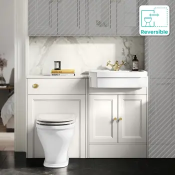 Monaco Cotton White Combination Vanity Traditional Basin and Kansas Toilet with Wooden Seat 1200mm - Brushed Brass Accents