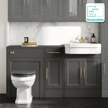 Monaco Graphite Grey Combination Vanity Traditional Basin and Hudson Toilet with Wooden Seat 1500mm - Brass Knurled Handles