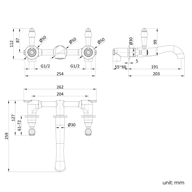 Beauly Traditional Brushed Brass Wall Mounted Basin Mixer Tap