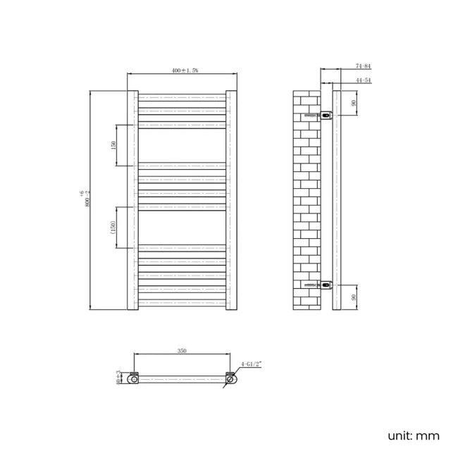 Naples Premium Brushed Gunmetal Straight Heated Towel Rail 800x400mm