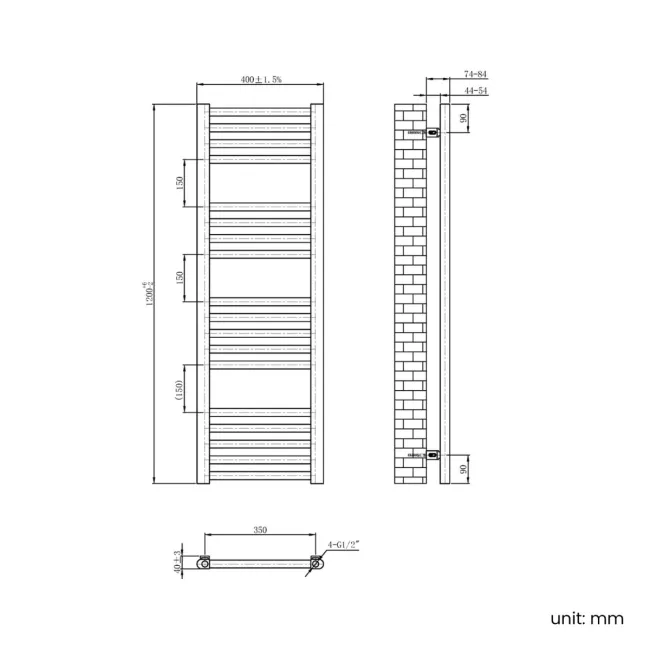 Naples Premium Brushed Gunmetal Straight Heated Towel Rail 1200x400mm