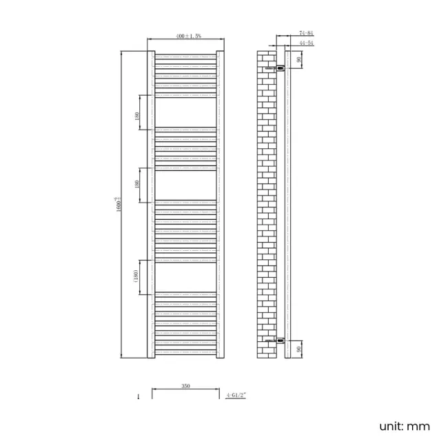 Naples Premium Brushed Gunmetal Straight Heated Towel Rail 1600x400mm