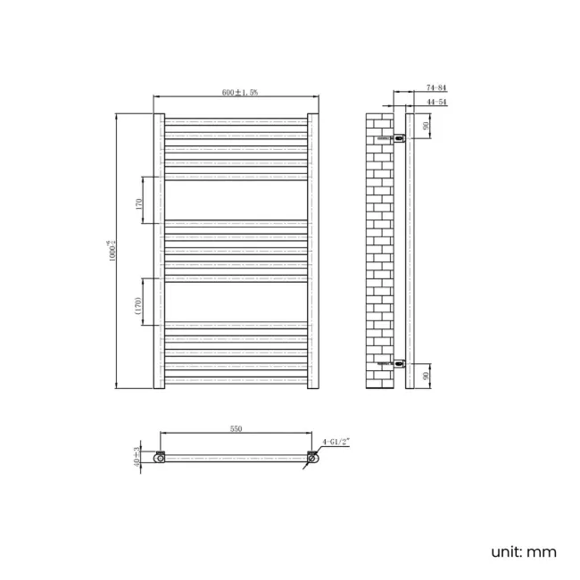 Naples Premium Brushed Copper Straight Heated Towel Rail 1000x600mm