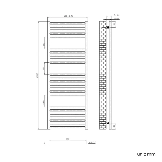 Naples Premium Brushed Copper Straight Heated Towel Rail 1600x600mm