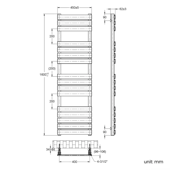 Santorini Brushed Gunmetal Flat Panel Heated Towel Rail 1600x450mm