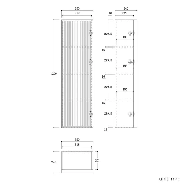 Bora Natural Oak Wall Hung Tall Cabinet 1200x350mm