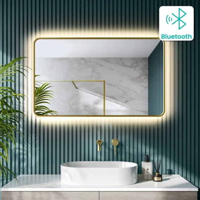 Mila Brushed Brass Backlit Illuminated LED Mirror With BLUETOOTH Speaker 600x1000mm