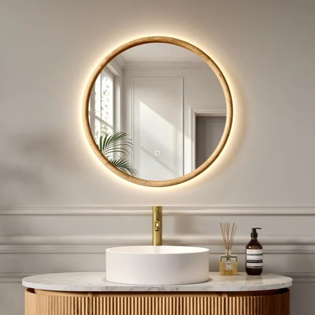 Lily Natural Oak Round LED Mirror 600mm