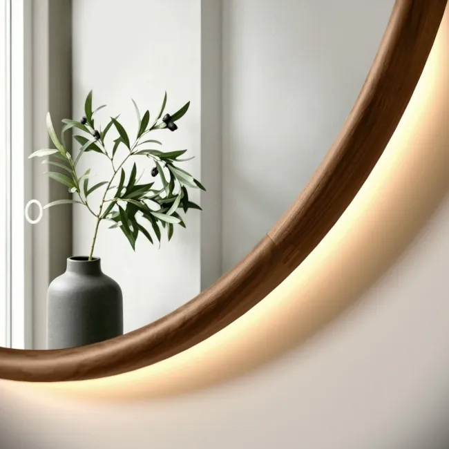 Lily Natural Walnut Round LED Mirror 600mm