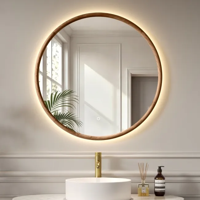 Lily Natural Walnut Round LED Mirror 800mm