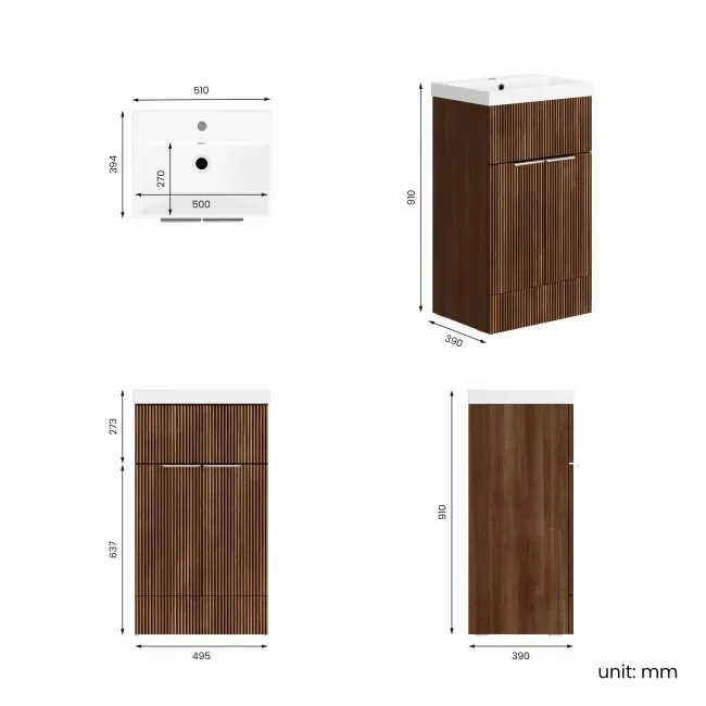 Havana Fluted Black Walnut Basin Vanity 500mm - Chrome Handles