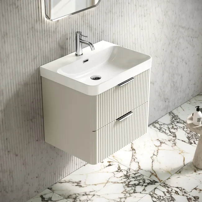 Cadiz Fluted Linen White Wall Hung Basin Drawer Vanity 600mm - Chrome Handles