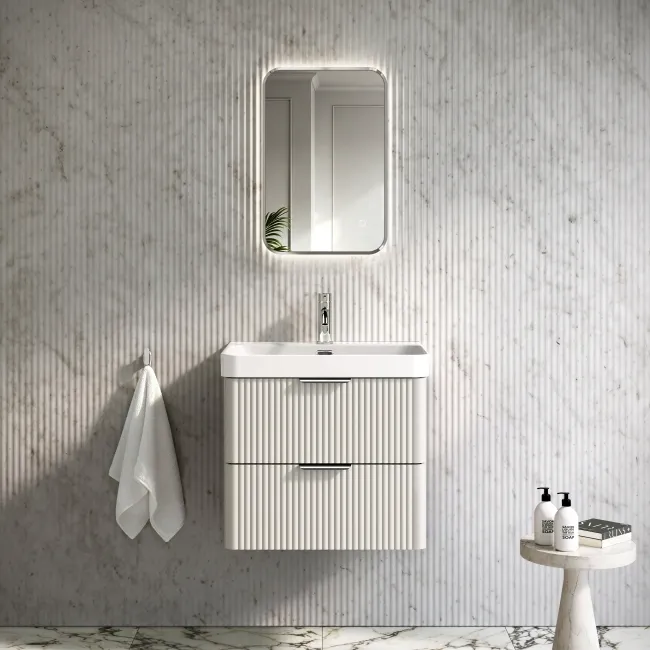 Cadiz Fluted Linen White Wall Hung Basin Drawer Vanity 600mm - Chrome Handles
