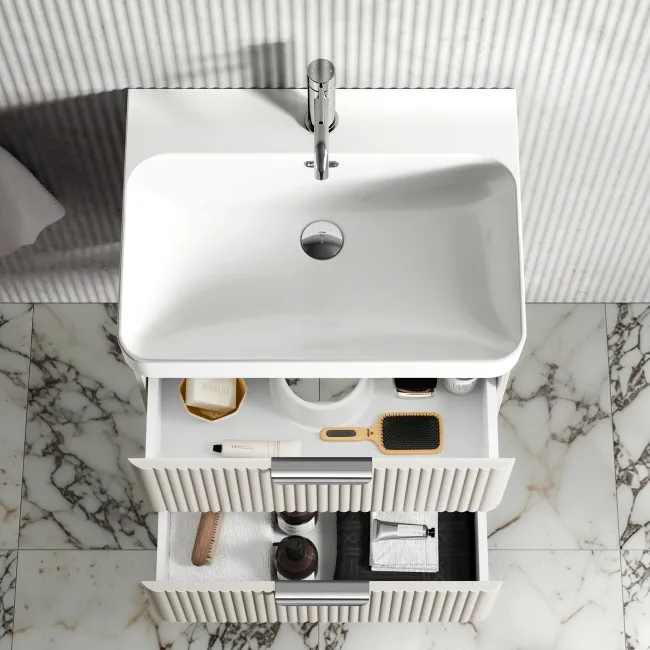 Cadiz Fluted Linen White Wall Hung Basin Drawer Vanity 600mm - Chrome Handles