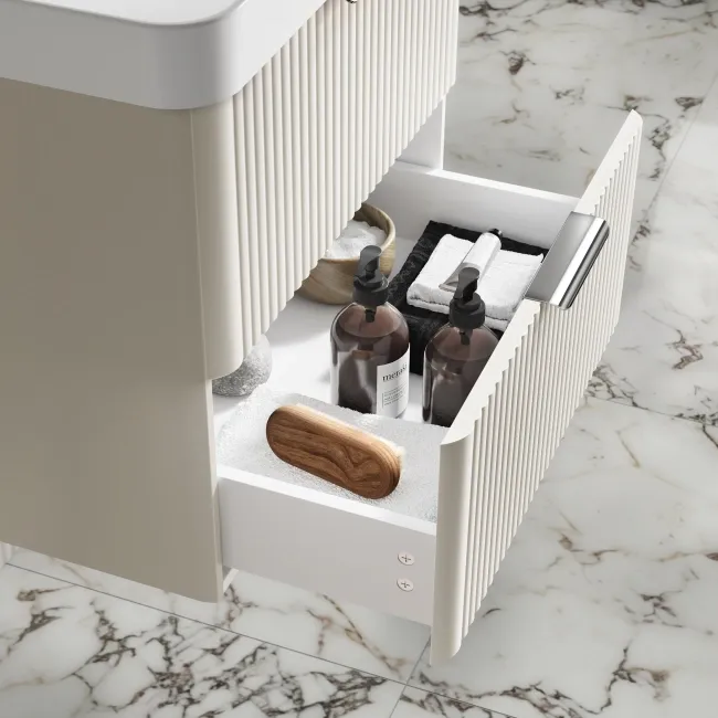 Cadiz Fluted Linen White Wall Hung Basin Drawer Vanity 600mm - Chrome Handles