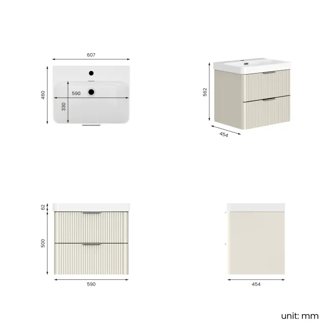 Cadiz Fluted Linen White Wall Hung Basin Drawer Vanity 600mm - Chrome Handles