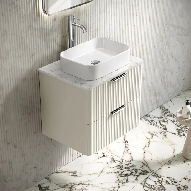Cadiz Fluted Linen White Wall Hung Drawer Vanity with Marble Top 600mm (Excludes Basin) - Chrome Handles