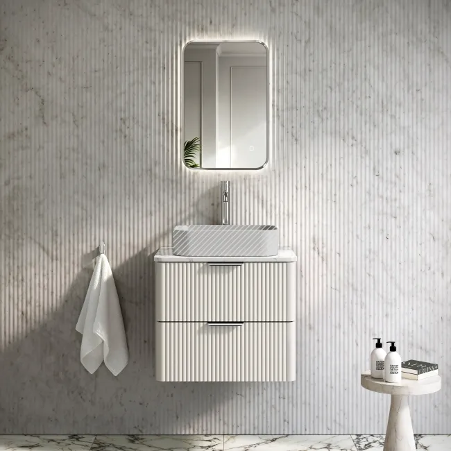 Cadiz Fluted Linen White Wall Hung Drawer Vanity with Marble Top 600mm (Excludes Basin) - Chrome Handles