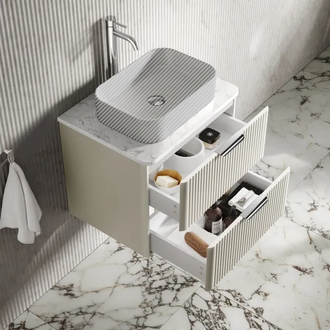 Cadiz Fluted Linen White Wall Hung Drawer Vanity with Marble Top 600mm (Excludes Basin) - Chrome Handles